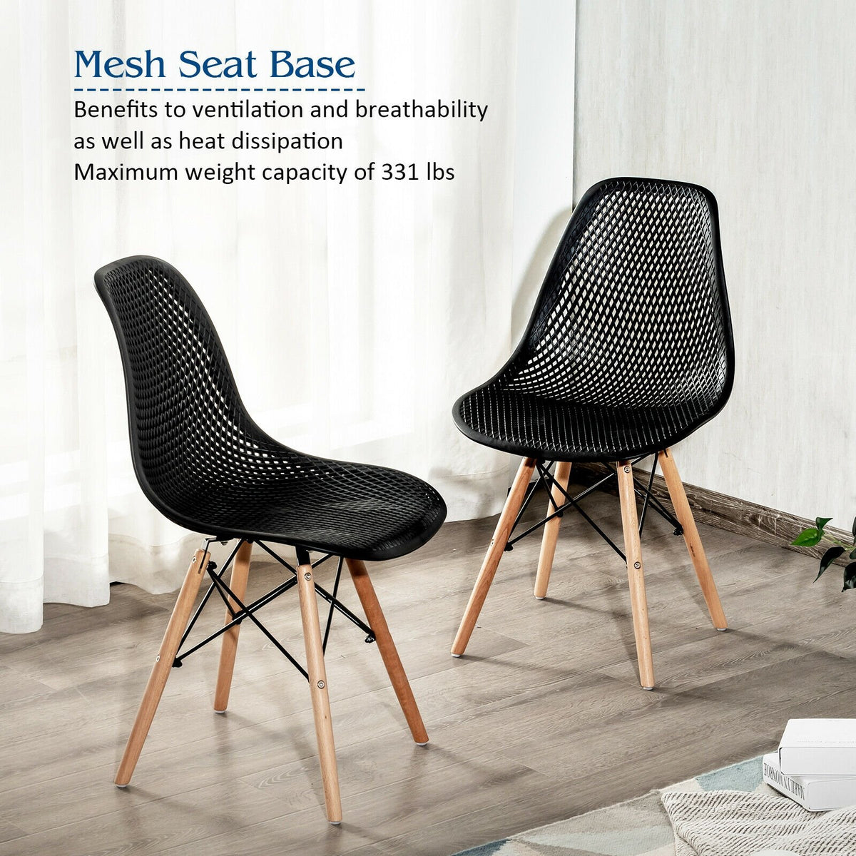 4 Pieces Modern Plastic Hollow Chair Set with Wood Leg-Black view 9