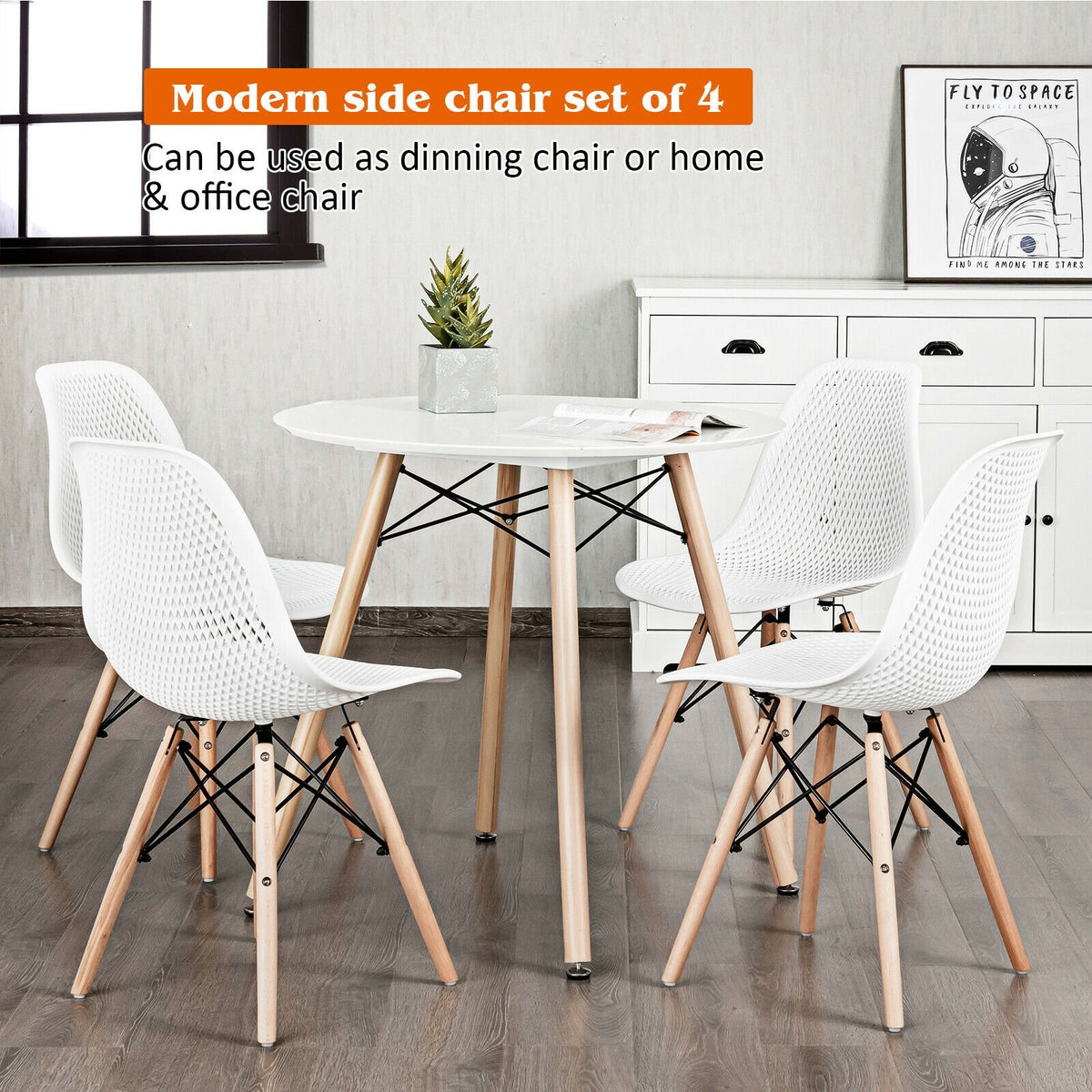 4 Pieces Modern Plastic Hollow Chair Set with Wood Leg-White view 3