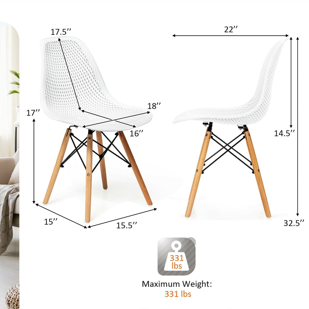 4 Pieces Modern Plastic Hollow Chair Set with Wood Leg-White view 4