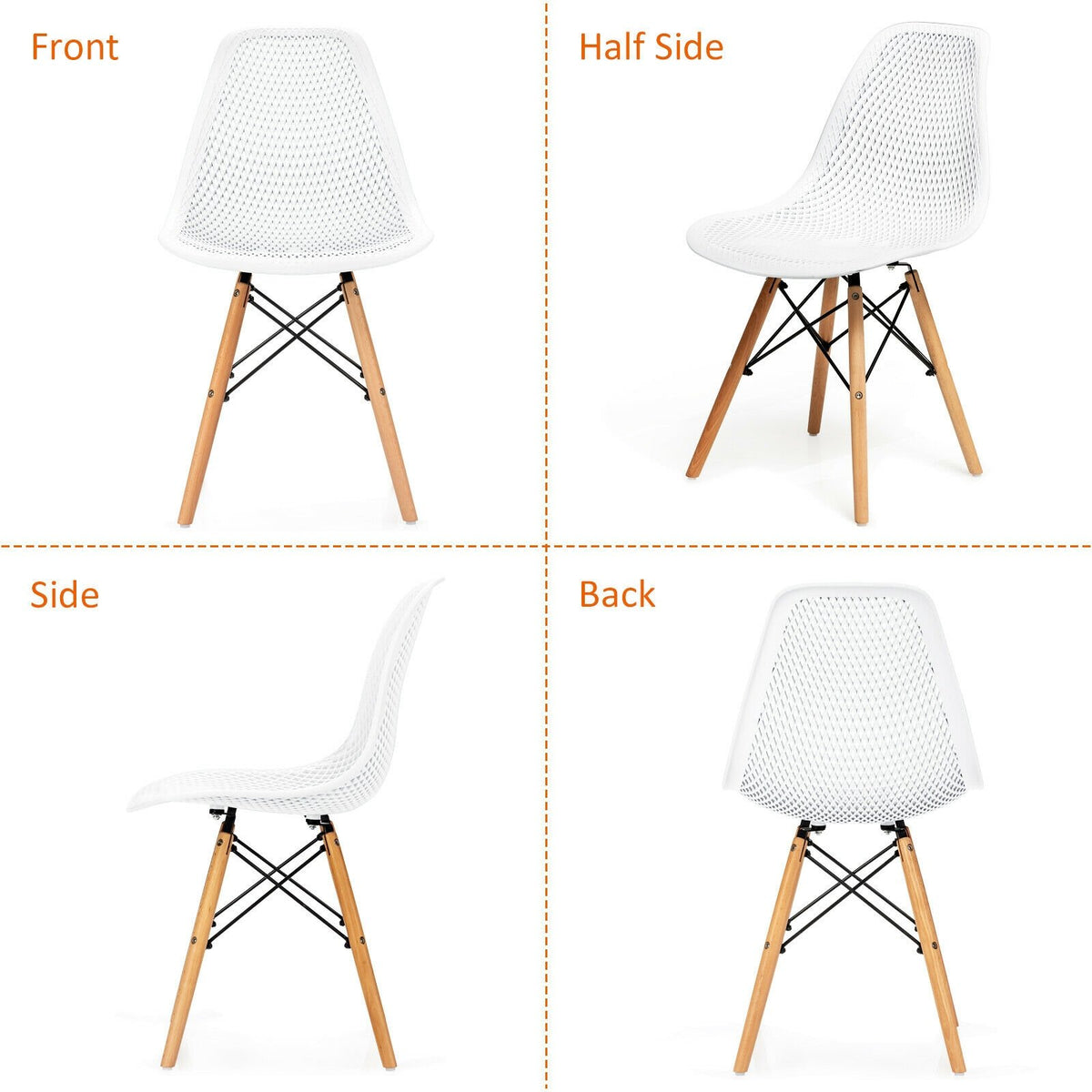 4 Pieces Modern Plastic Hollow Chair Set with Wood Leg-White view 5