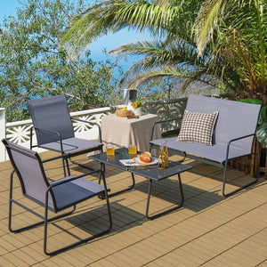 4 Pieces of Metal Patio Furniture Chat Set with Tempered Glass Coffee Table view 2