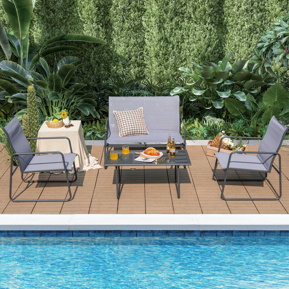 4 Pieces of Metal Patio Furniture Chat Set with Tempered Glass Coffee Table view 3
