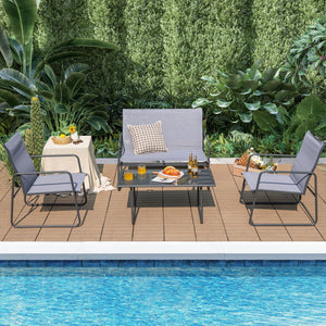 4 Pieces of Metal Patio Furniture Chat Set with Tempered Glass Coffee Table view 3