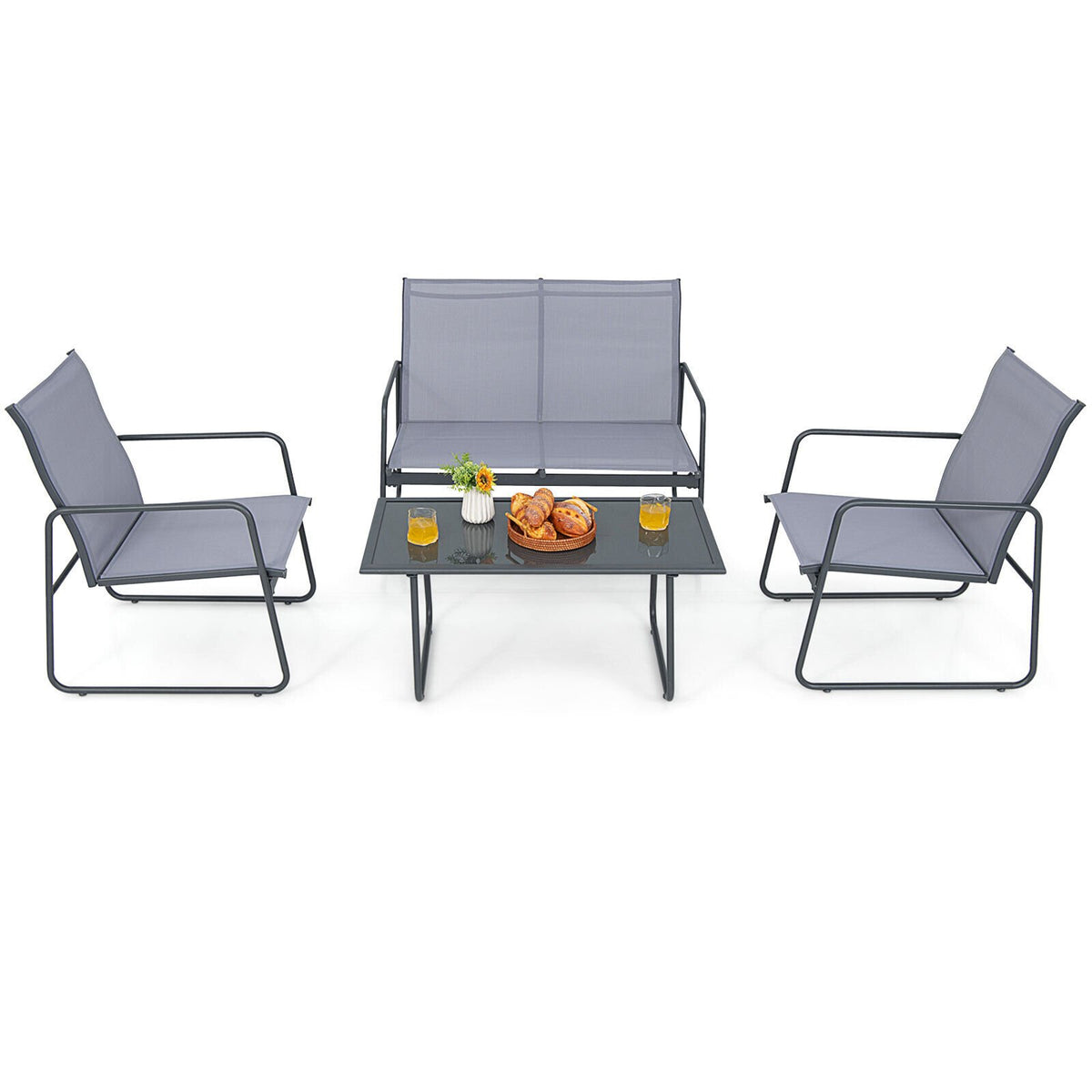 4 Pieces of Metal Patio Furniture Chat Set with Tempered Glass Coffee Table view 4