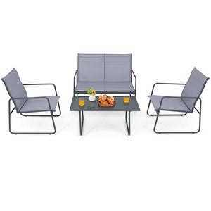 4 Pieces of Metal Patio Furniture Chat Set with Tempered Glass Coffee Table view 4