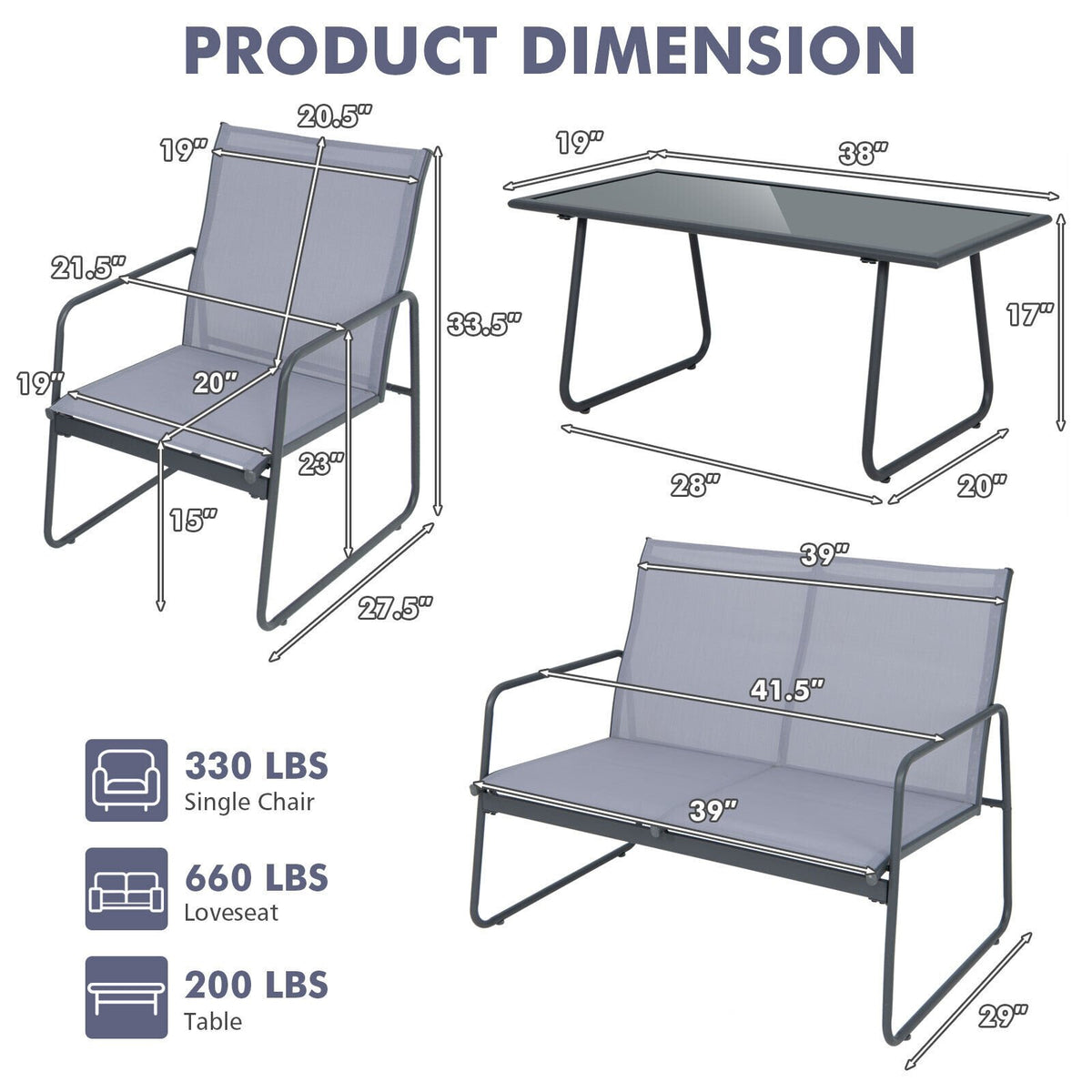 4 Pieces of Metal Patio Furniture Chat Set with Tempered Glass Coffee Table view 5