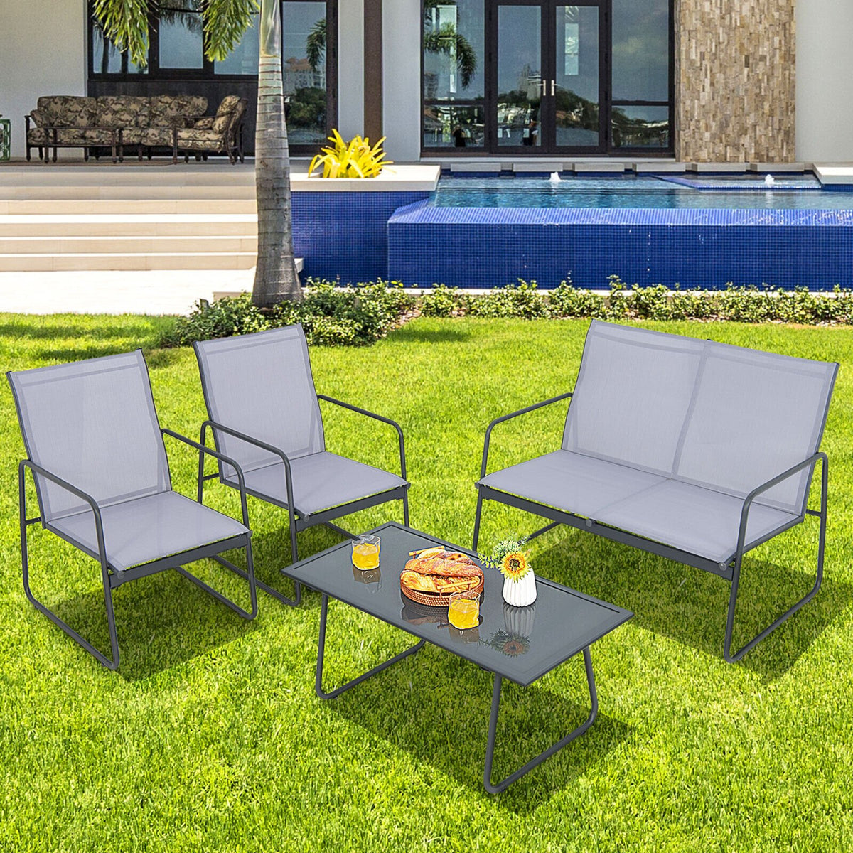4 Pieces of Metal Patio Furniture Chat Set with Tempered Glass Coffee Table view 6