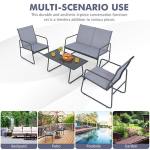4 Pieces of Metal Patio Furniture Chat Set with Tempered Glass Coffee Table view 7