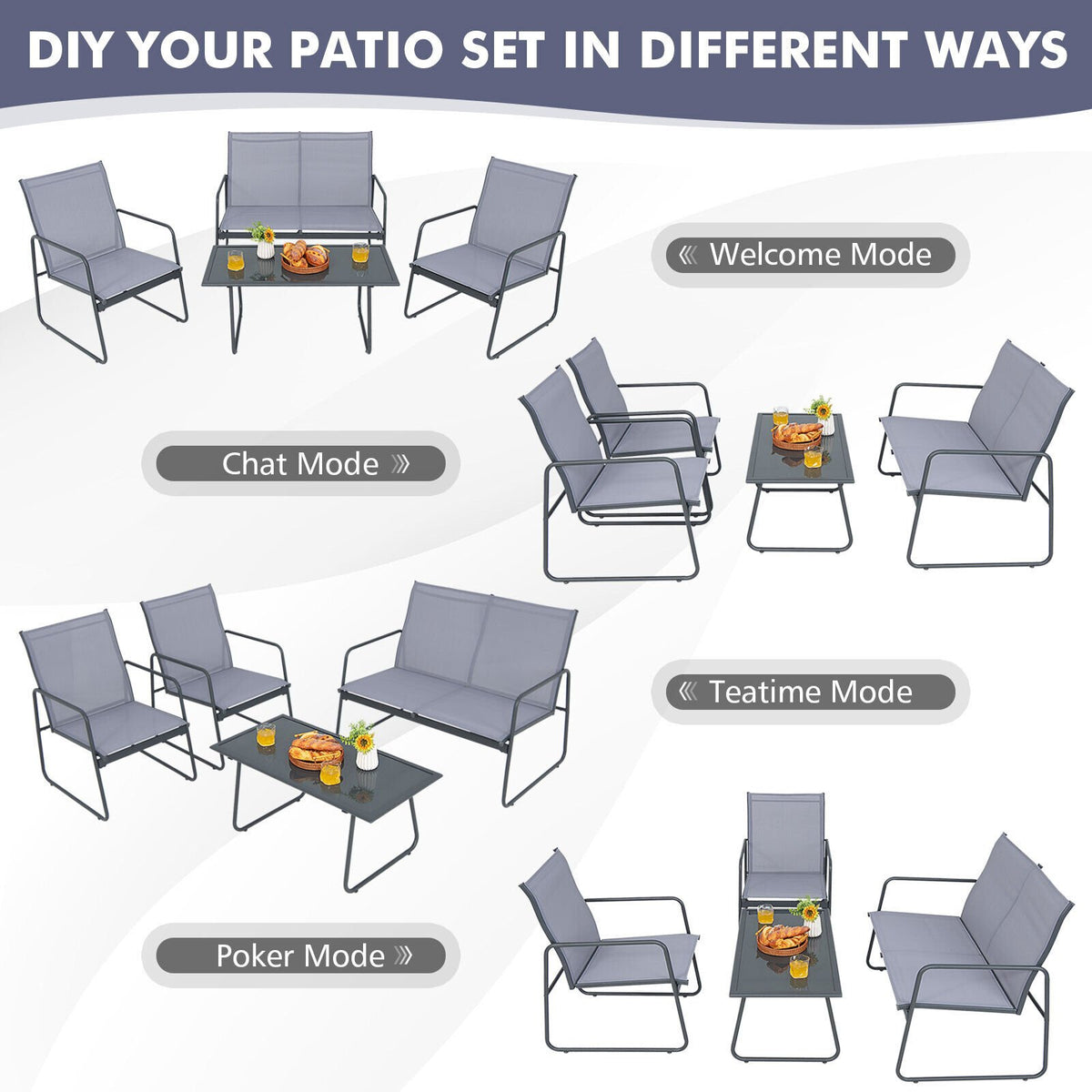 4 Pieces of Metal Patio Furniture Chat Set with Tempered Glass Coffee Table view 8