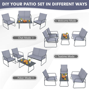 4 Pieces of Metal Patio Furniture Chat Set with Tempered Glass Coffee Table view 8