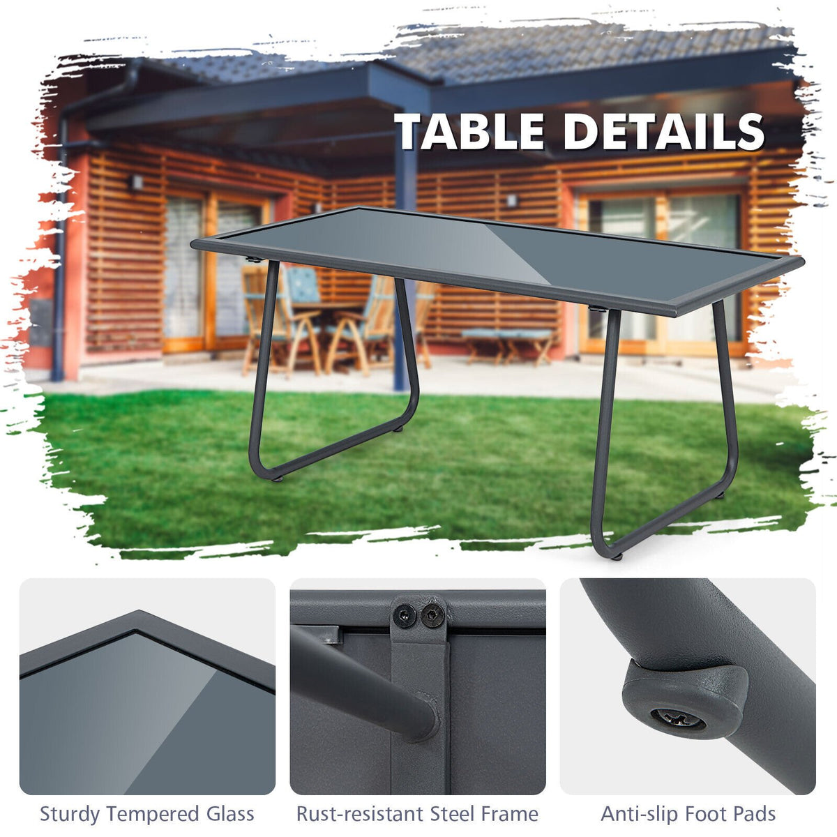 4 Pieces of Metal Patio Furniture Chat Set with Tempered Glass Coffee Table view 9