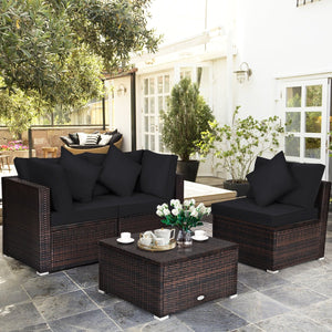 4 Pieces Ottoman Garden Patio Rattan Wicker Furniture Set with Cushion-Black view 2