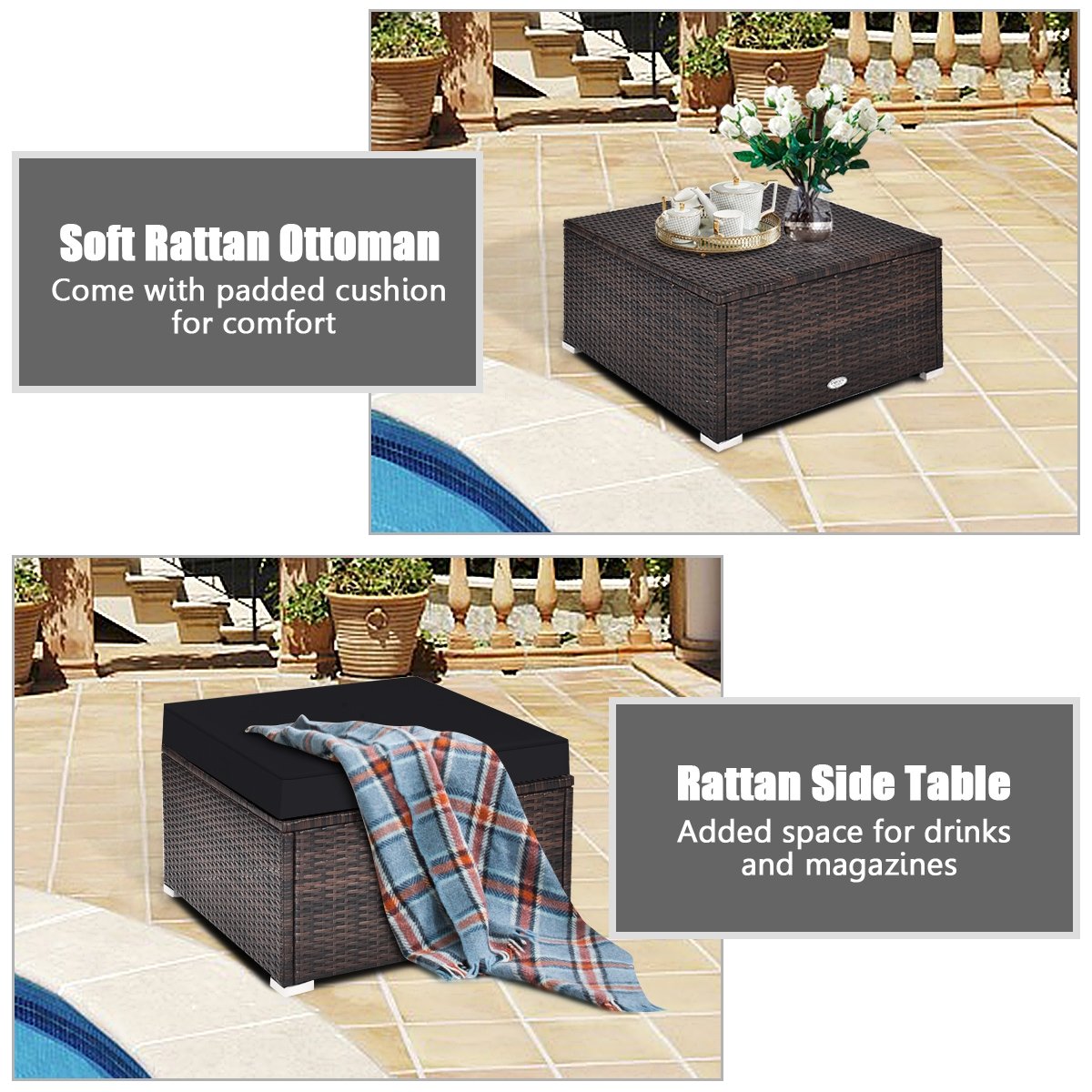4 Pieces Ottoman Garden Patio Rattan Wicker Furniture Set with Cushion-Black view 3