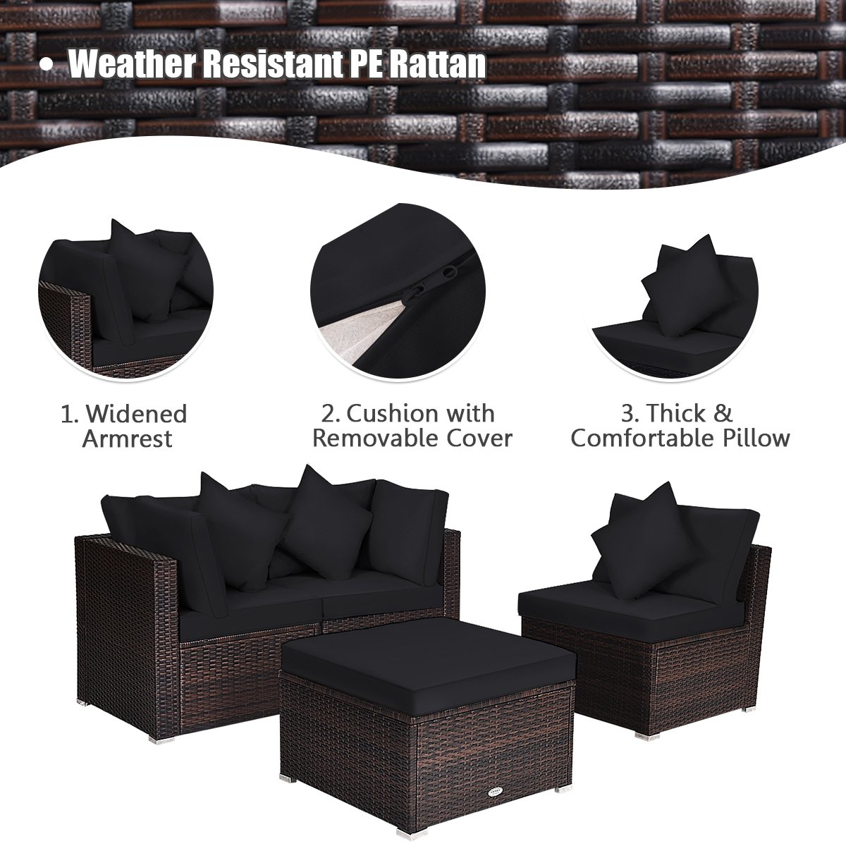 4 Pieces Ottoman Garden Patio Rattan Wicker Furniture Set with Cushion-Black view 5