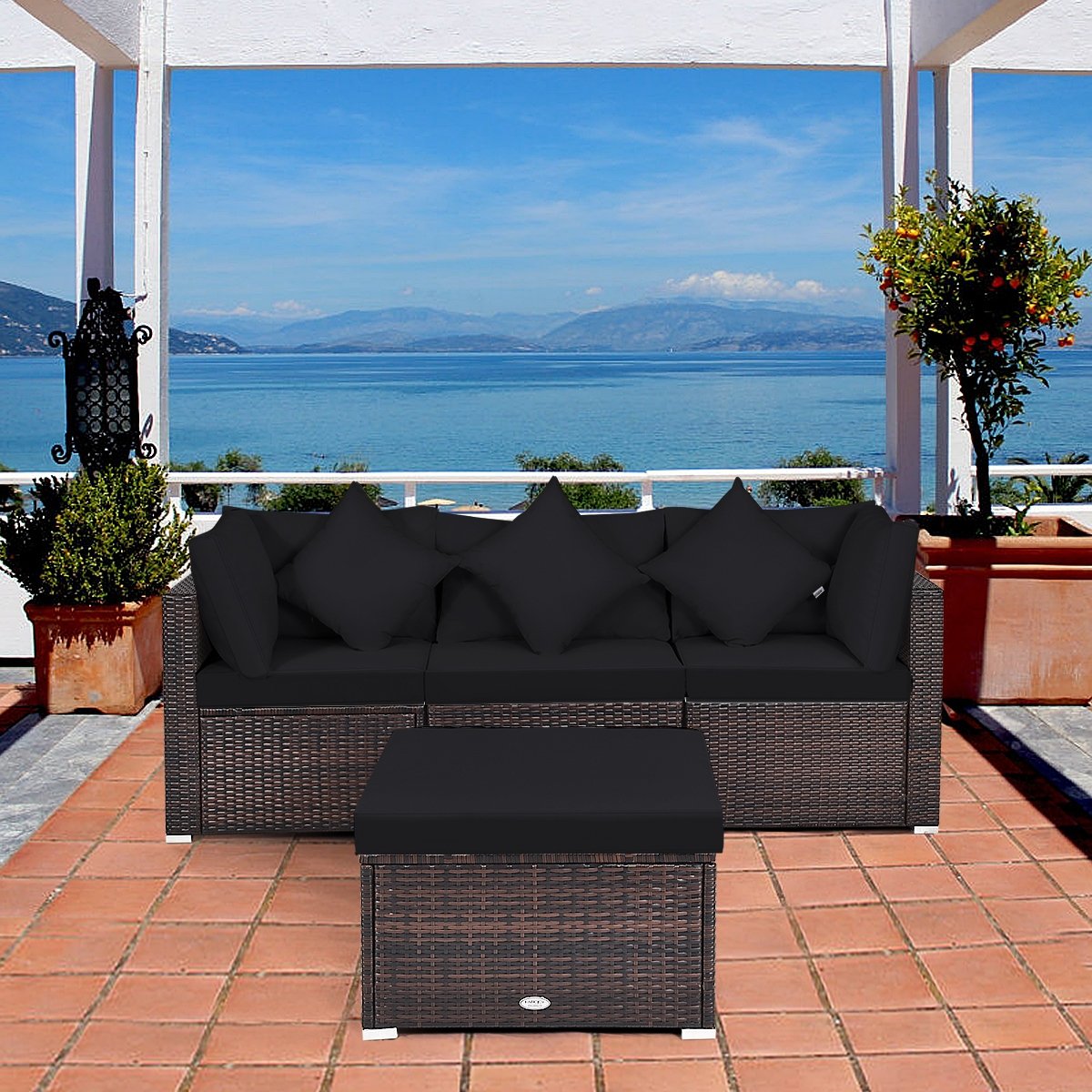 4 Pieces Ottoman Garden Patio Rattan Wicker Furniture Set with Cushion-Black view 6