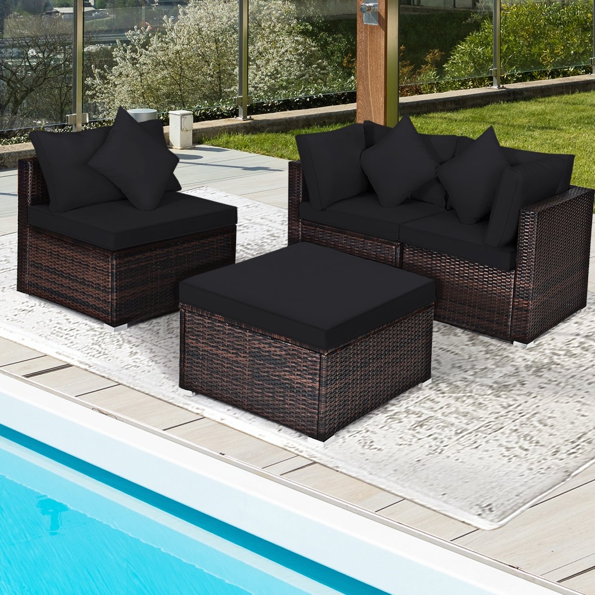 4 Pieces Ottoman Garden Patio Rattan Wicker Furniture Set with Cushion-Black view 7