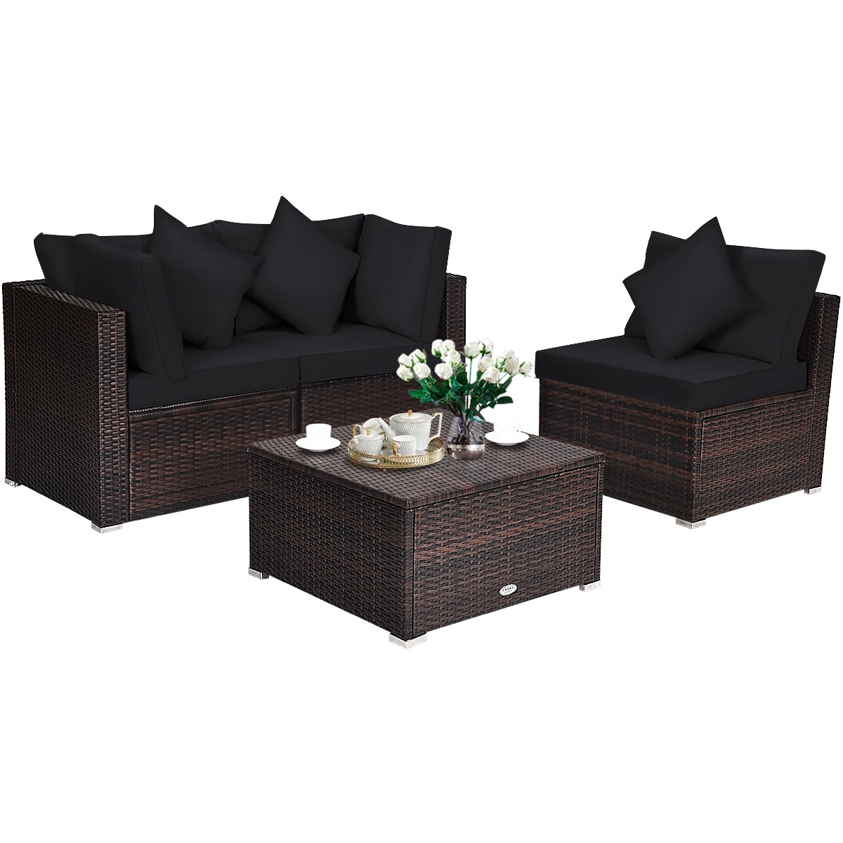 4 Pieces Ottoman Garden Patio Rattan Wicker Furniture Set with Cushion-Black view 8