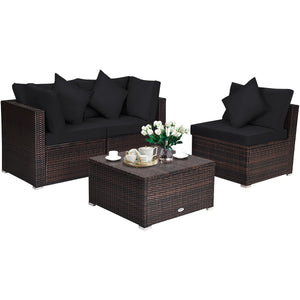 4 Pieces Ottoman Garden Patio Rattan Wicker Furniture Set with Cushion-Black view 8