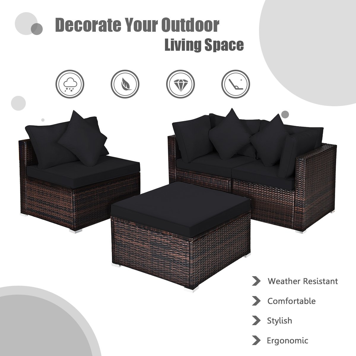 4 Pieces Ottoman Garden Patio Rattan Wicker Furniture Set with Cushion-Black view 9