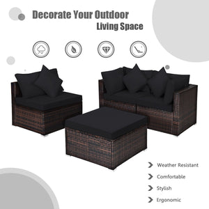 4 Pieces Ottoman Garden Patio Rattan Wicker Furniture Set with Cushion-Black view 9