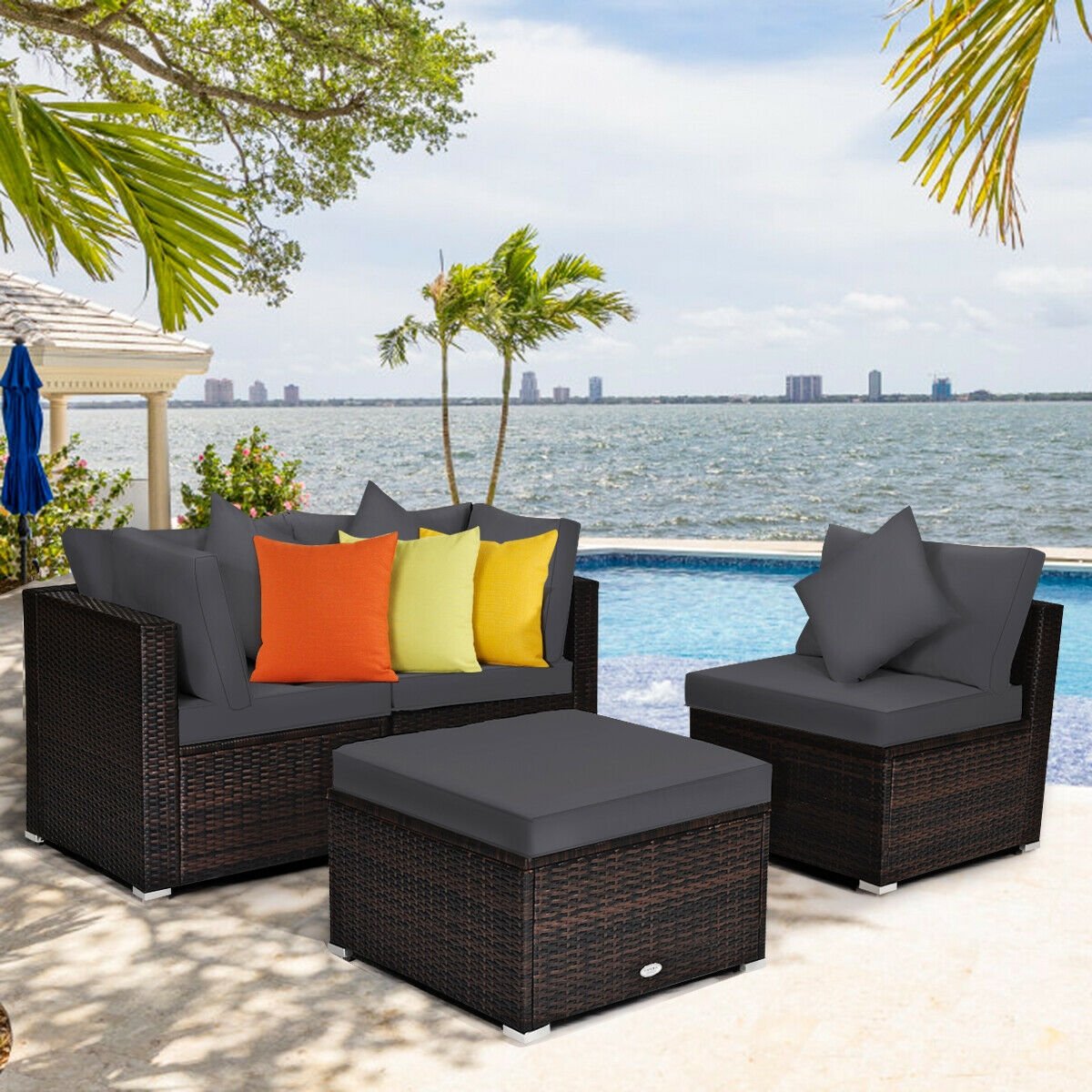 4 Pieces Ottoman Garden Patio Rattan Wicker Furniture Set with Cushion-Gray view 2