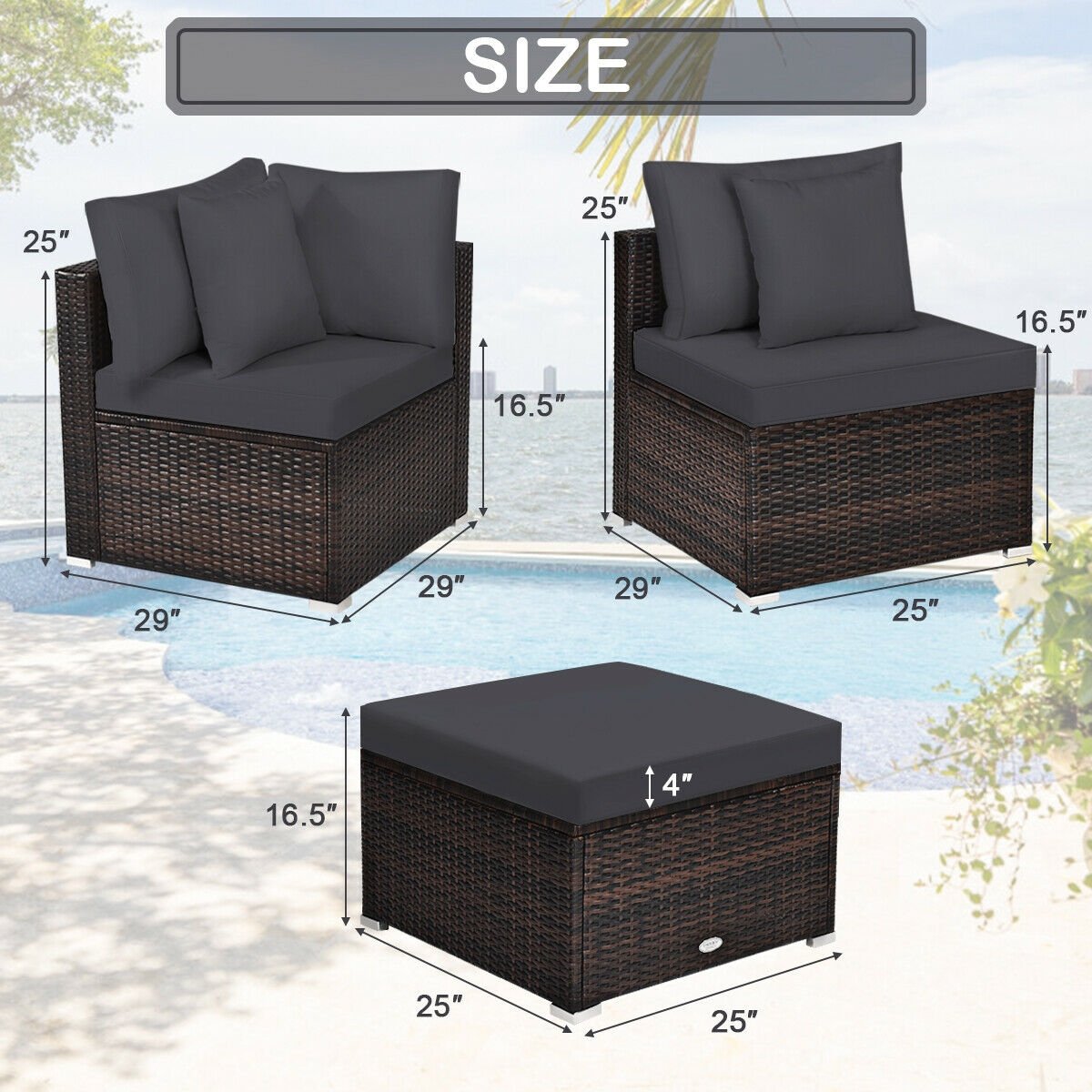 4 Pieces Ottoman Garden Patio Rattan Wicker Furniture Set with Cushion-Gray view 4
