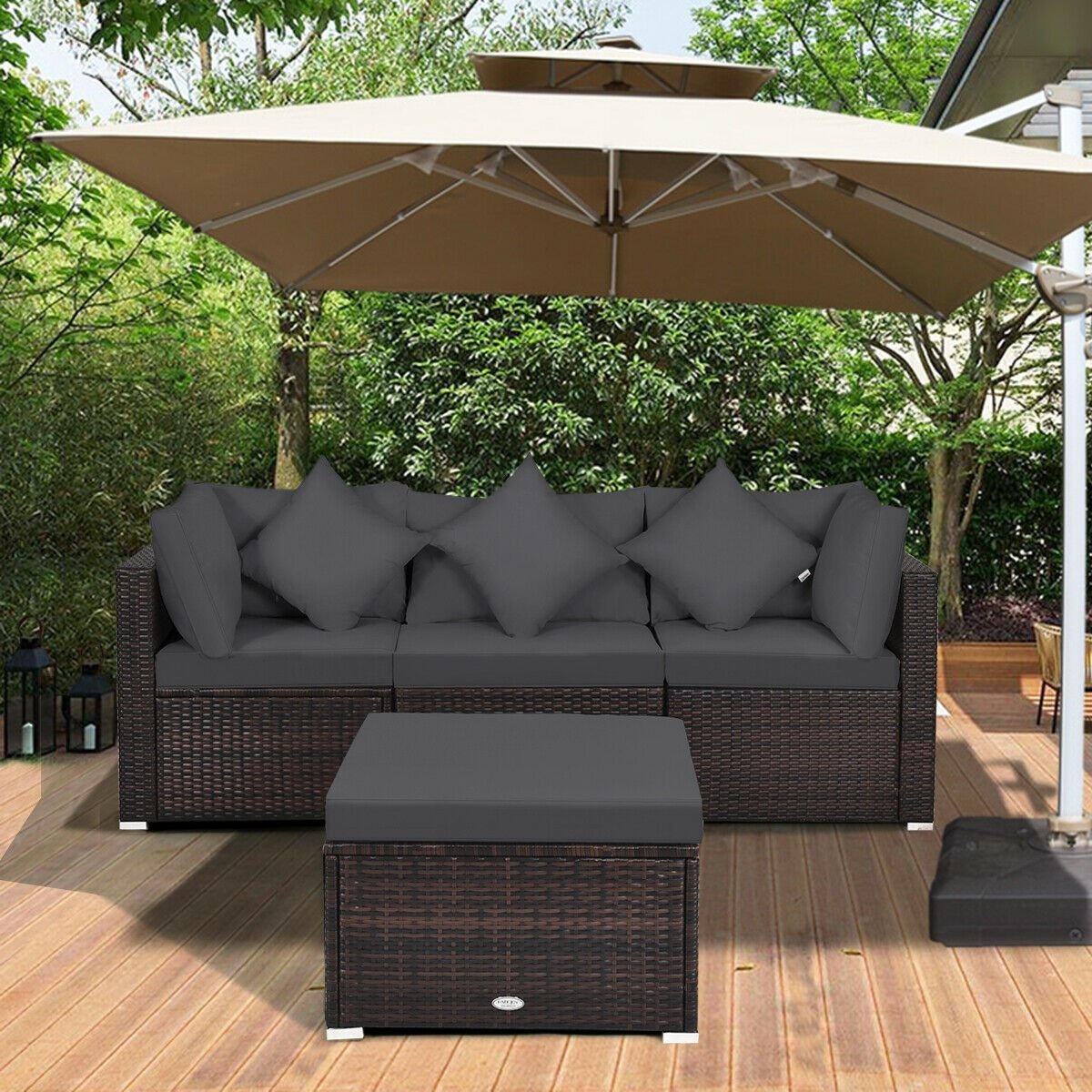 4 Pieces Ottoman Garden Patio Rattan Wicker Furniture Set with Cushion-Gray view 6