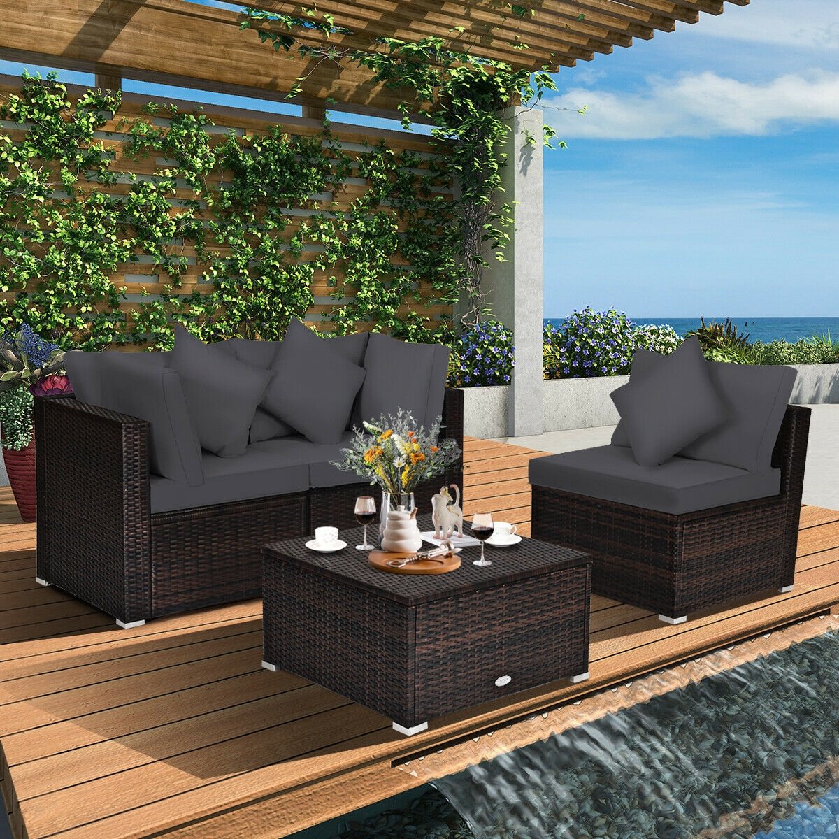 4 Pieces Ottoman Garden Patio Rattan Wicker Furniture Set with Cushion-Gray view 7