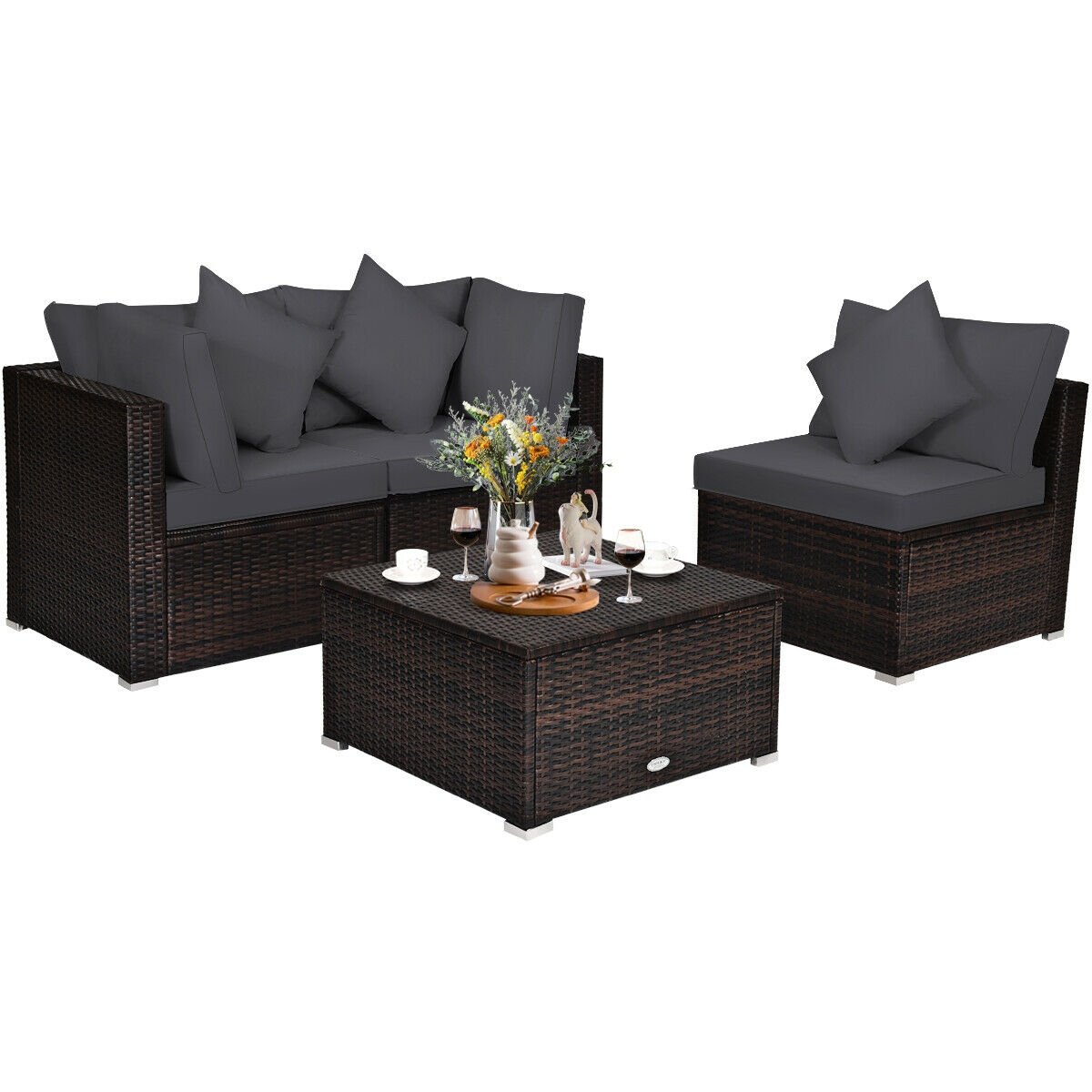 4 Pieces Ottoman Garden Patio Rattan Wicker Furniture Set with Cushion-Gray view 8