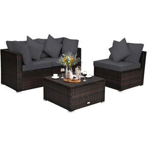 4 Pieces Ottoman Garden Patio Rattan Wicker Furniture Set with Cushion-Gray view 8