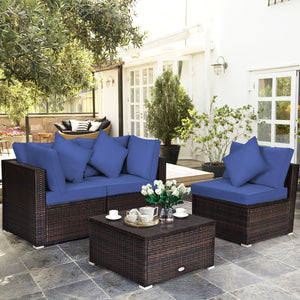 4 Pieces Ottoman Garden Patio Rattan Wicker Furniture Set with Cushion-Navy view 2
