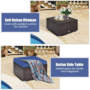4 Pieces Ottoman Garden Patio Rattan Wicker Furniture Set with Cushion-Navy view 3