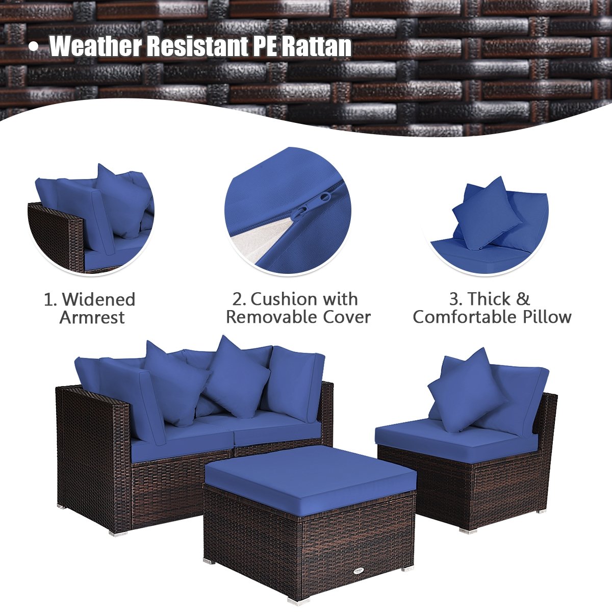 4 Pieces Ottoman Garden Patio Rattan Wicker Furniture Set with Cushion-Navy view 5