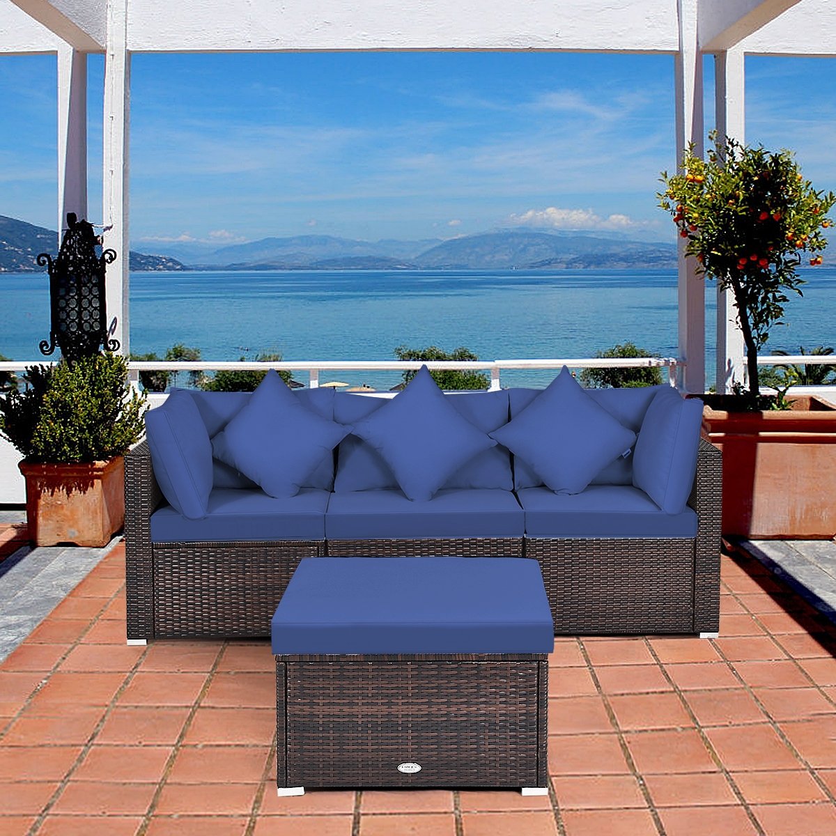 4 Pieces Ottoman Garden Patio Rattan Wicker Furniture Set with Cushion-Navy view 6