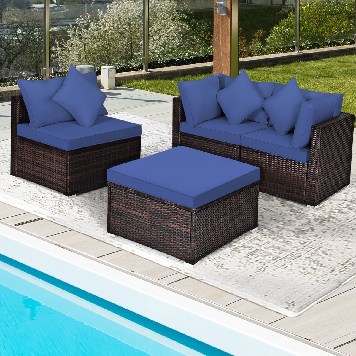 4 Pieces Ottoman Garden Patio Rattan Wicker Furniture Set with Cushion-Navy view 7