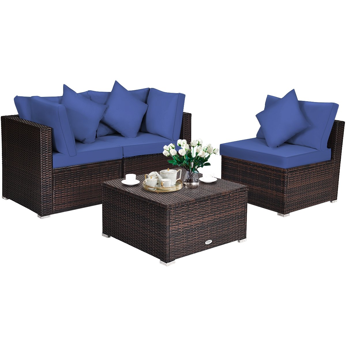 4 Pieces Ottoman Garden Patio Rattan Wicker Furniture Set with Cushion-Navy view 8