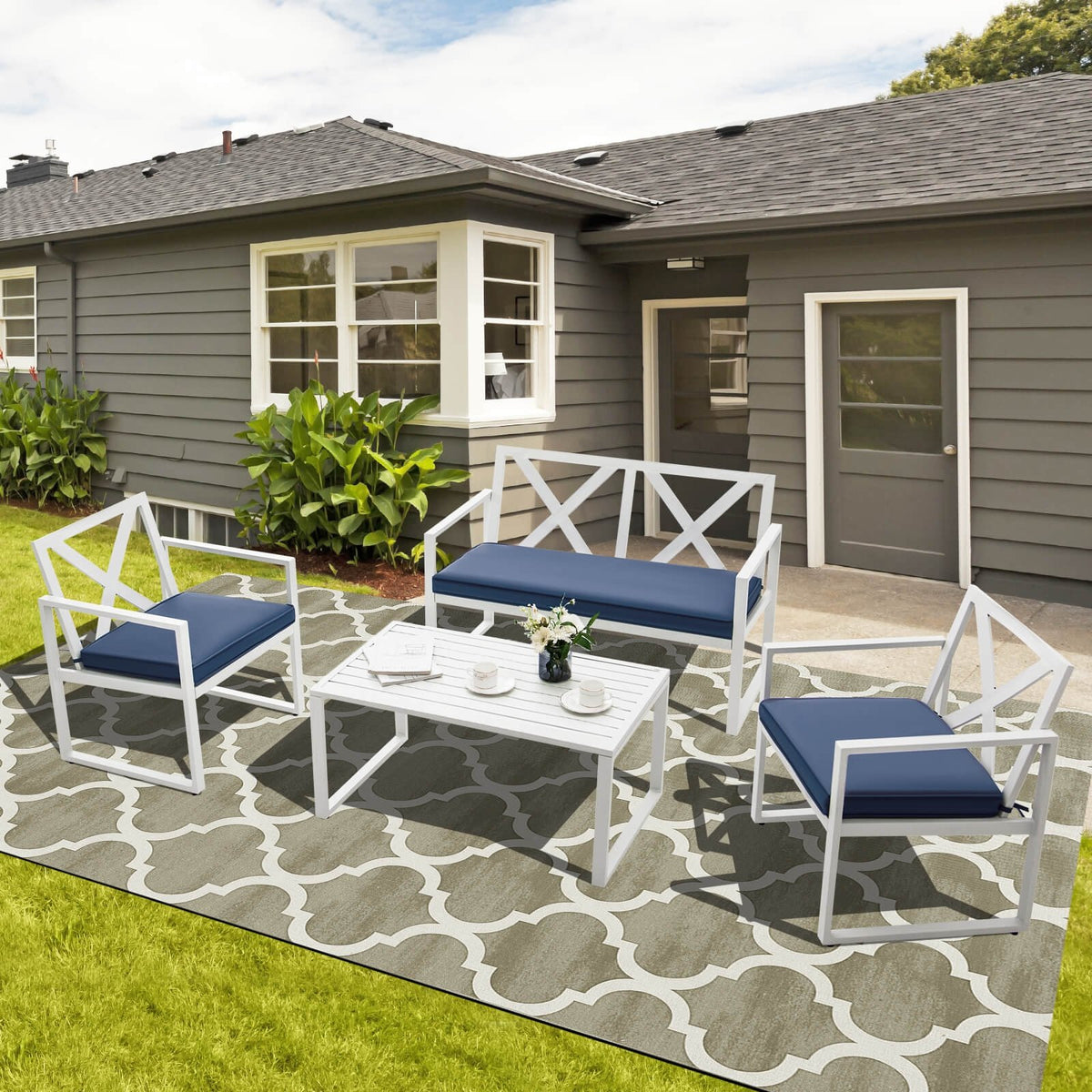 4 Pieces Outdoor Conversation Set with Sturdy Steel Frame view 2