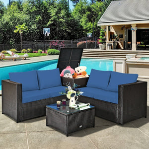 4 Pieces Outdoor Patio Rattan Furniture Set with Cushioned Loveseat and Storage Box-Navy view 2