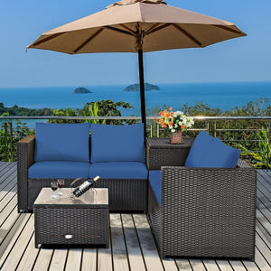 4 Pieces Outdoor Patio Rattan Furniture Set with Cushioned Loveseat and Storage Box-Navy view 3