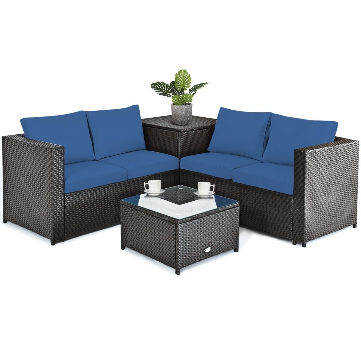 4 Pieces Outdoor Patio Rattan Furniture Set with Cushioned Loveseat and Storage Box-Navy view 4