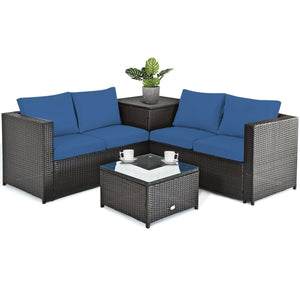 4 Pieces Outdoor Patio Rattan Furniture Set with Cushioned Loveseat and Storage Box-Navy view 4
