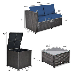 4 Pieces Outdoor Patio Rattan Furniture Set with Cushioned Loveseat and Storage Box-Navy view 5