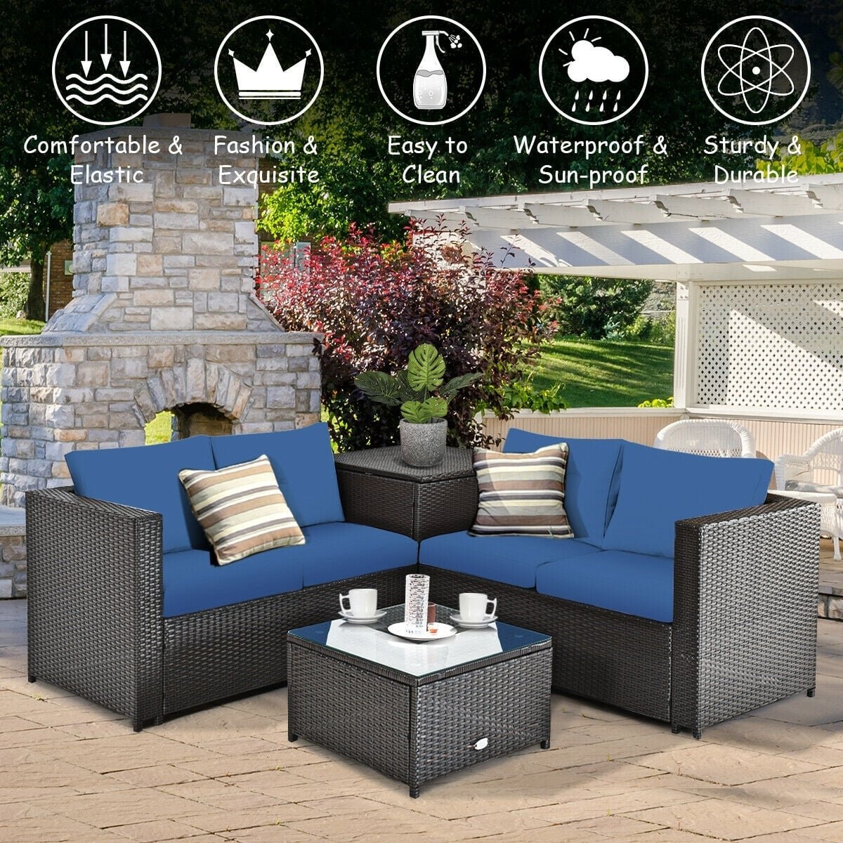 4 Pieces Outdoor Patio Rattan Furniture Set with Cushioned Loveseat and Storage Box-Navy view 6