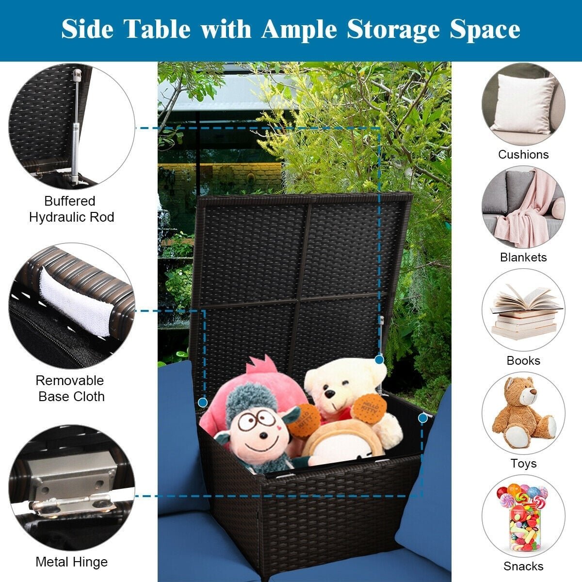 4 Pieces Outdoor Patio Rattan Furniture Set with Cushioned Loveseat and Storage Box-Navy view 8