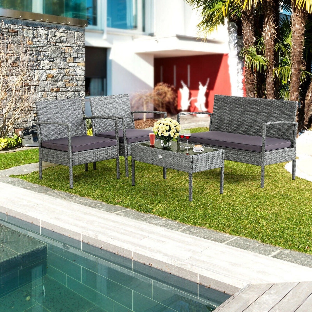 4 Pieces Outdoor Rattan Conversation Set with Comfortable Cushion view 3