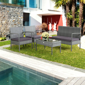 4 Pieces Outdoor Rattan Conversation Set with Comfortable Cushion view 3
