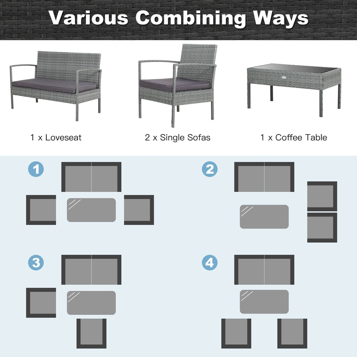 4 Pieces Outdoor Rattan Conversation Set with Comfortable Cushion view 7