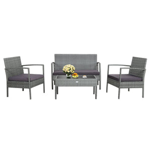 4 Pieces Outdoor Rattan Conversation Set with Comfortable Cushion view 8