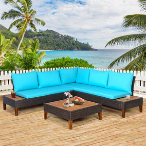 4 Pieces Patio Cushioned Rattan Furniture Set with Wooden Side Table-Turquoise view 2