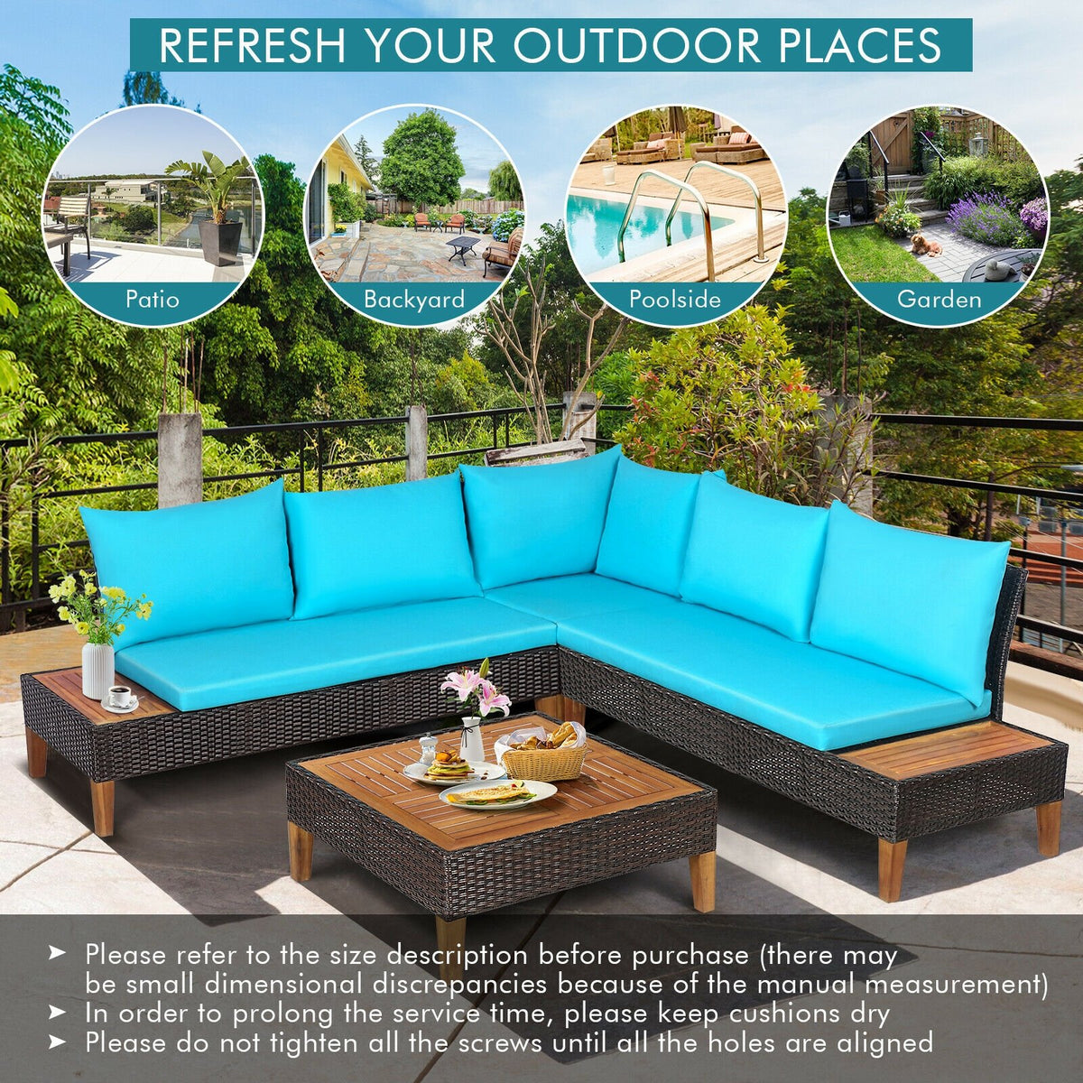 4 Pieces Patio Cushioned Rattan Furniture Set with Wooden Side Table-Turquoise view 3